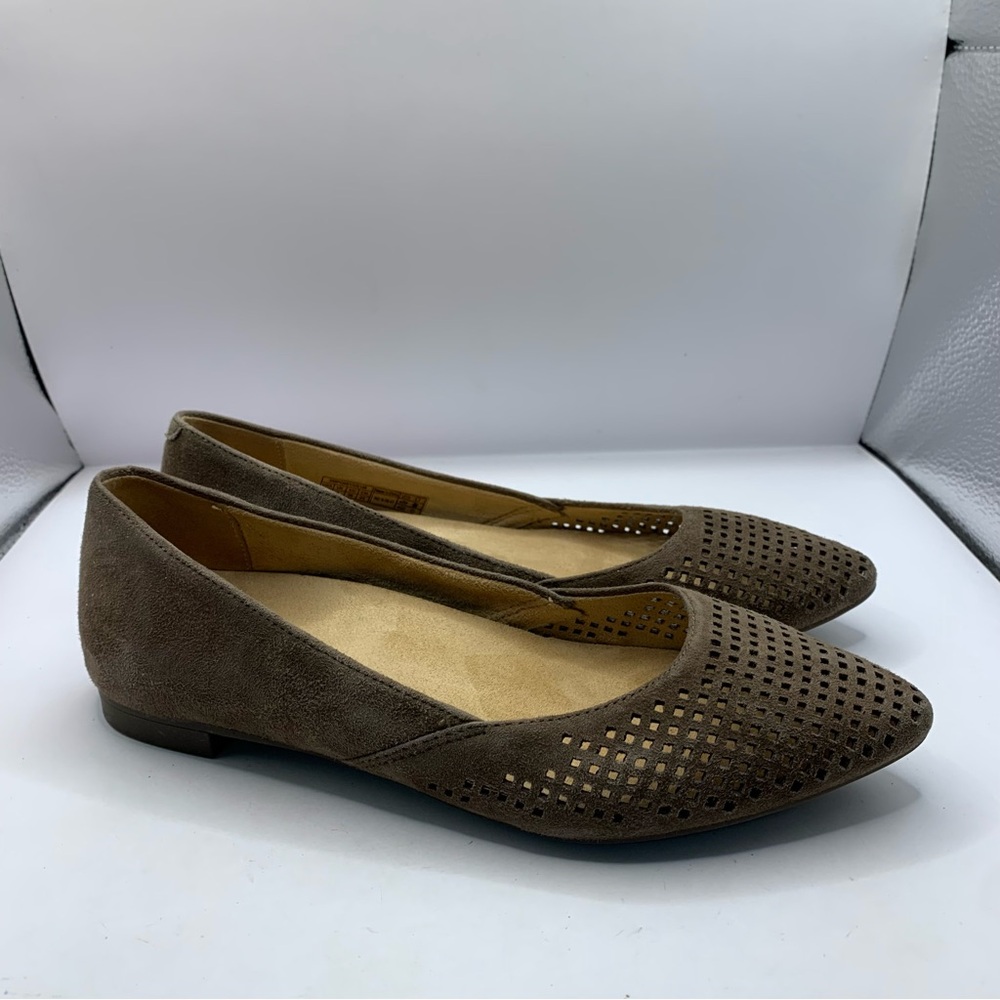 Vionic Posey Womens Sz 5 Shoes Taupe Suede Leather Laser Ballet Flats pointy toe